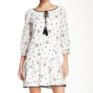 Kensie Owl Print Shift Dress White & Black Prairie Style Knee Length